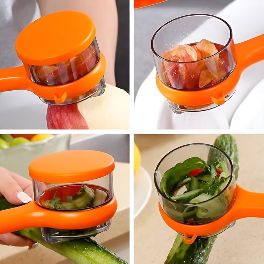 360° Rotating Fruit & Vegetable Peeler with Waste Catcher Cup – Fast Apple, Potato, and Carrot Skin Remover